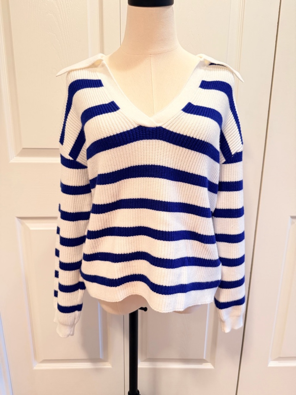 For The Republic White and Blue Striped V-Neck Sweater